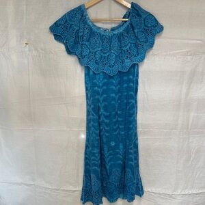 Soft Surroundings Teal Crochet Yoke Tie-Dye Maxi Dress
